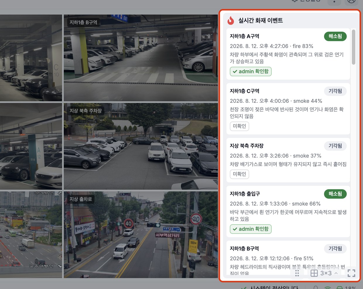 화재 상황판 우측 영역 — 카메라 격자 옆에 실시간 화재 이벤트 목록이 강조 표시된 화면